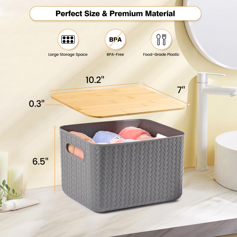 Ohmlove 4 Packs Storage Bins with Bamboo Lids - Plastic Storage Containers with Lids Stackable Storage Box:Storage Baskets for Organizing Desktop Closet Playroom Classroom Office Gray - Image 2